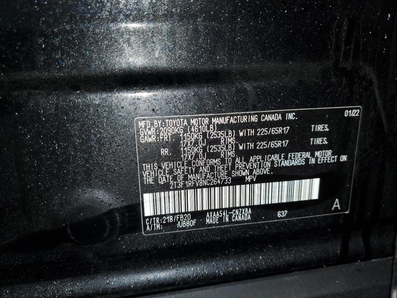 2022 TOYOTA RAV4 LE VIN:2T3F1RFV8NC264733