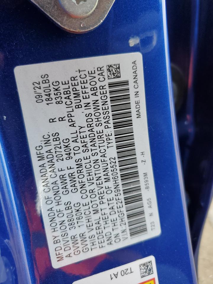 2022 HONDA CIVIC SPORT VIN:2HGFE2F59NH605522