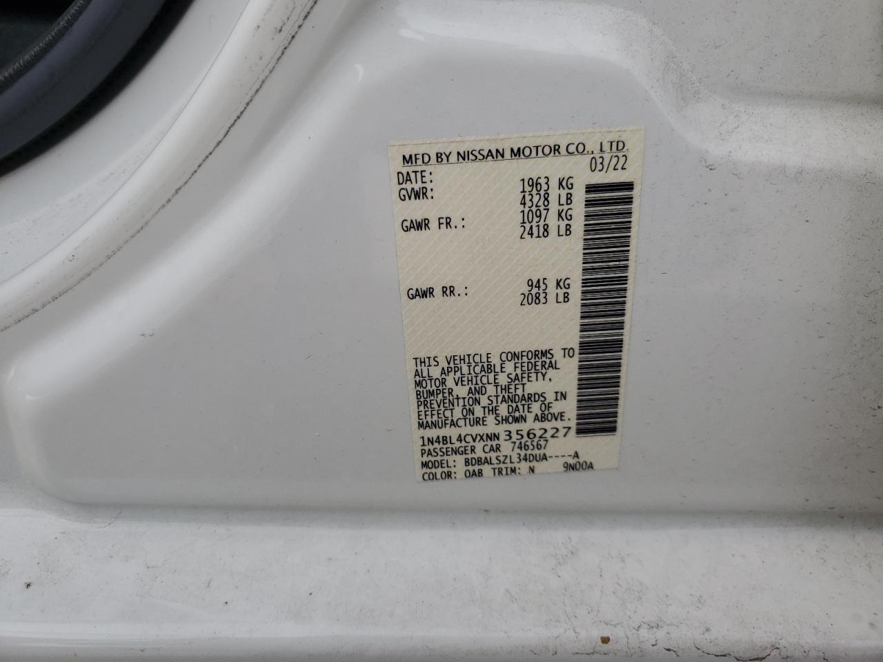 2022 NISSAN ALTIMA SR VIN:1N4BL4CVXNN356227