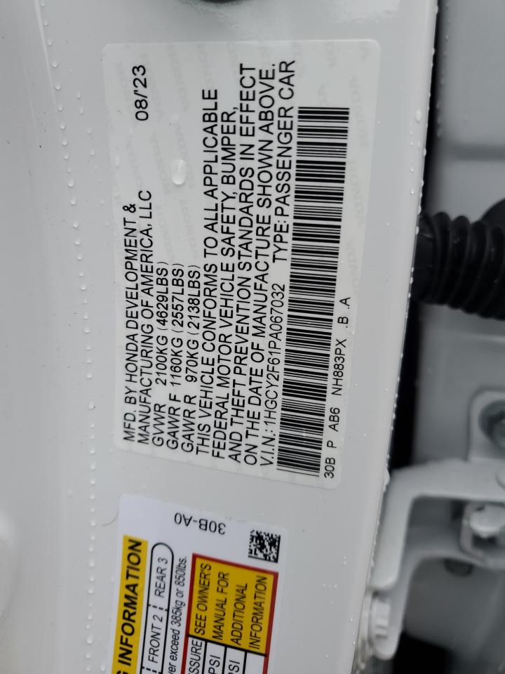 2023 HONDA ACCORD HYBRID EXL VIN:1HGCY2F61PA067032