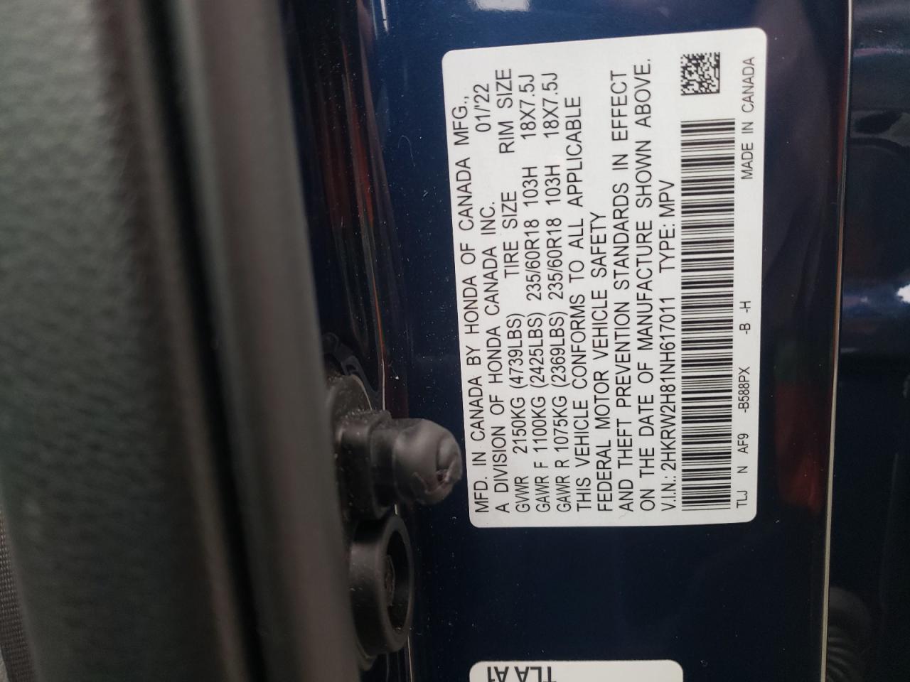 2022 HONDA CR-V EXL VIN:2HKRW2H81NH617011