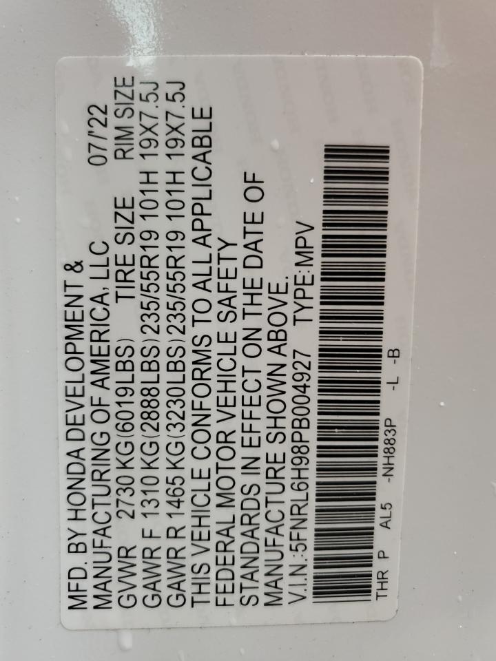 2023 HONDA ODYSSEY ELITE VIN:5FNRL6H98PB004927