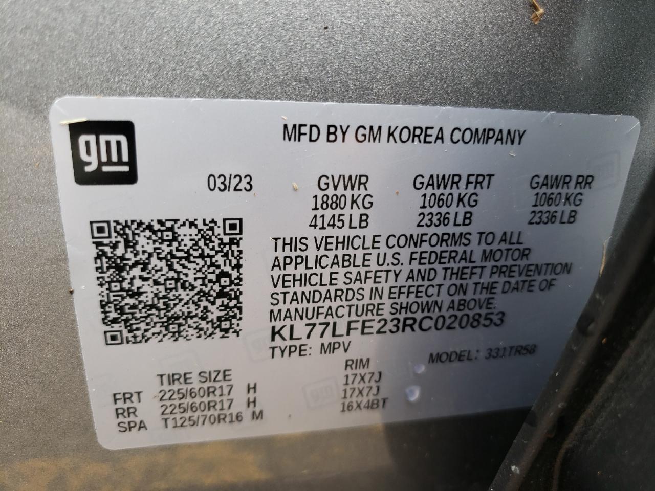 2024 CHEVROLET TRAX LS VIN:KL77LFE23RC020853