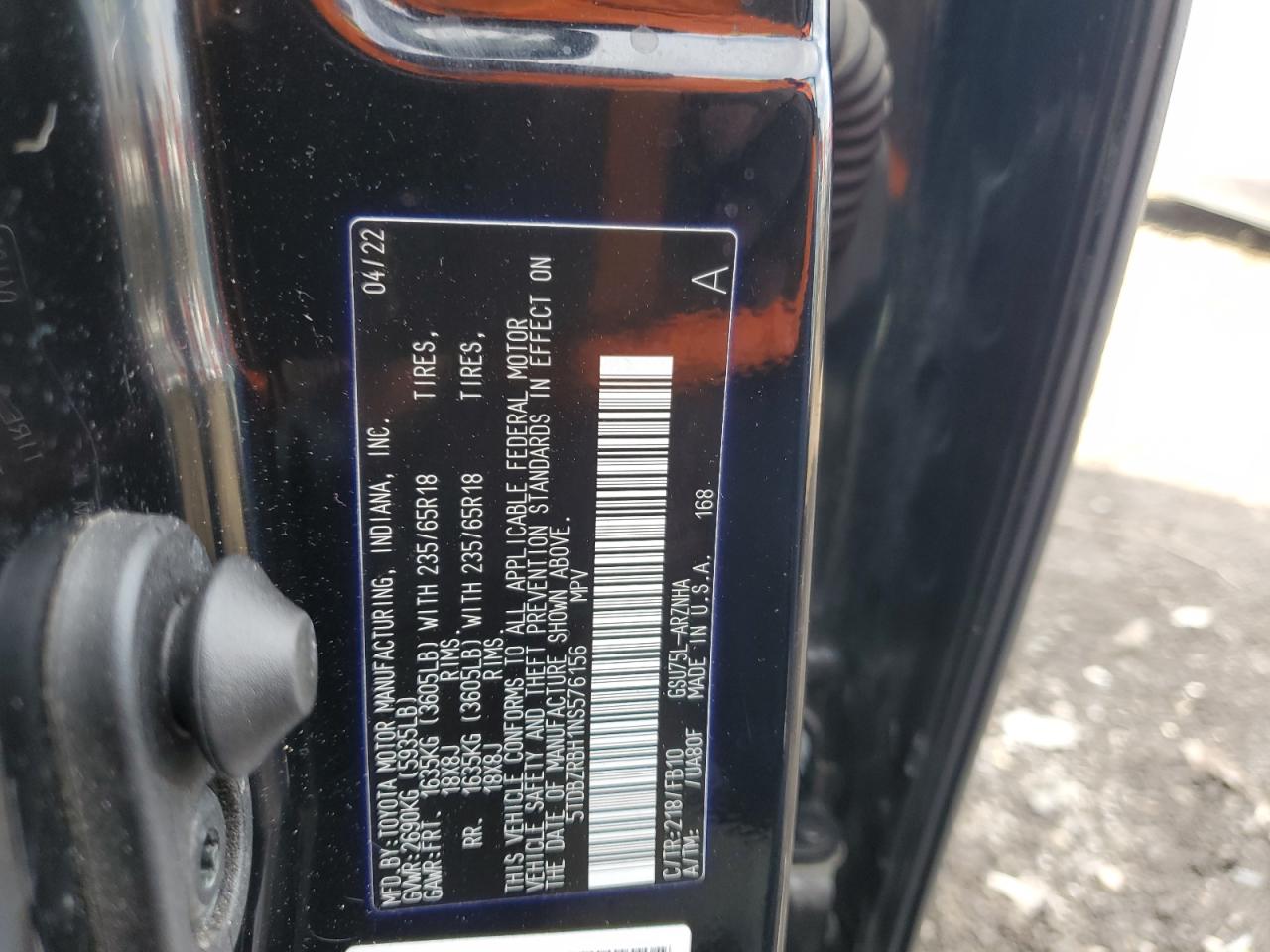 2022 TOYOTA HIGHLANDER L VIN:5TDBZRBH1NS576156