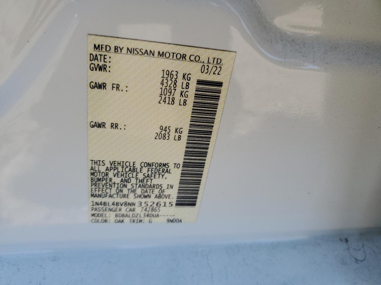 2022 NISSAN ALTIMA S VIN:1N4BL4BV8NN352615