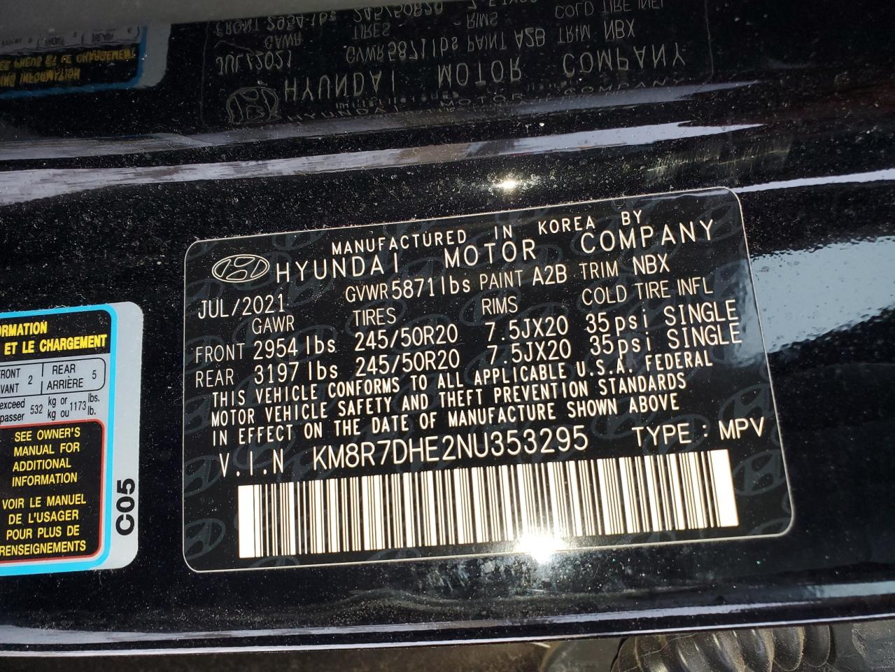 2022 HYUNDAI PALISADE CALLIGRAPHY VIN:KM8R7DHE2NU353295