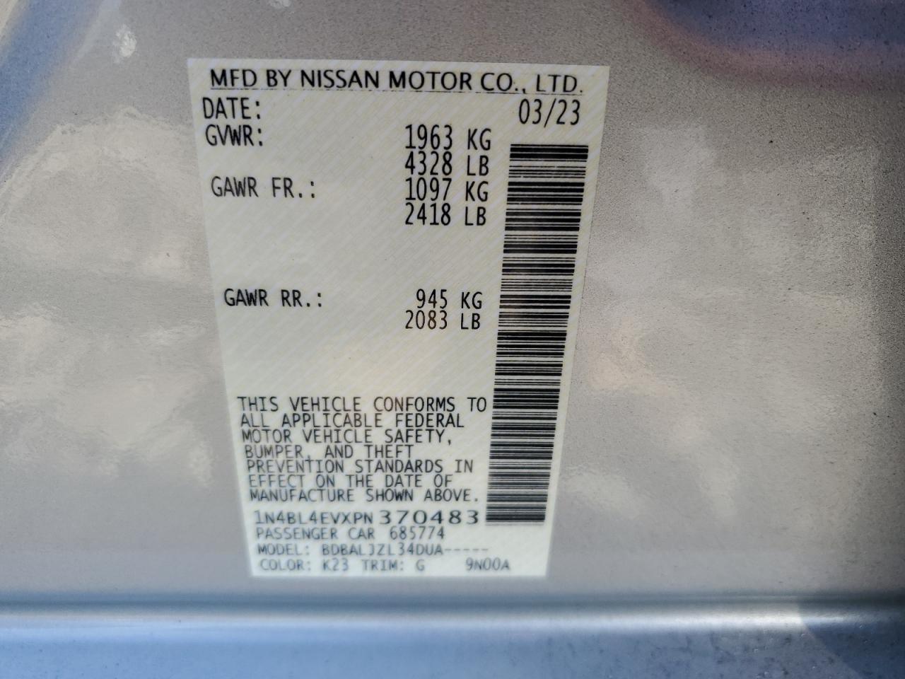 2023 NISSAN ALTIMA SL VIN:1N4BL4EVXPN370483