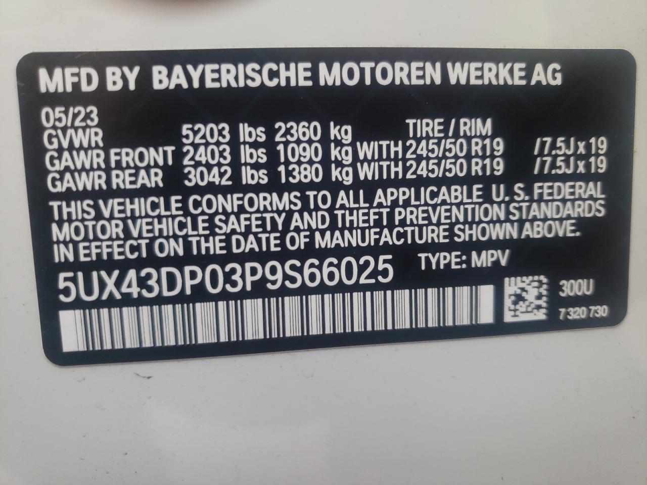 2023 BMW X3 SDRIVE30I VIN:5UX43DP03P9S66025