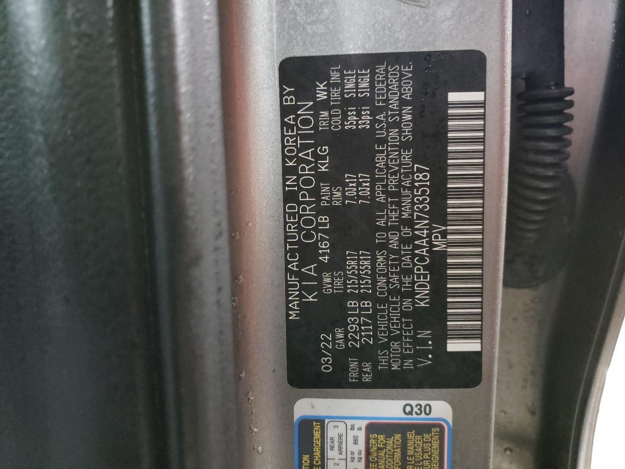 2022 KIA SELTOS LX VIN:KNDEPCAA4N7335187
