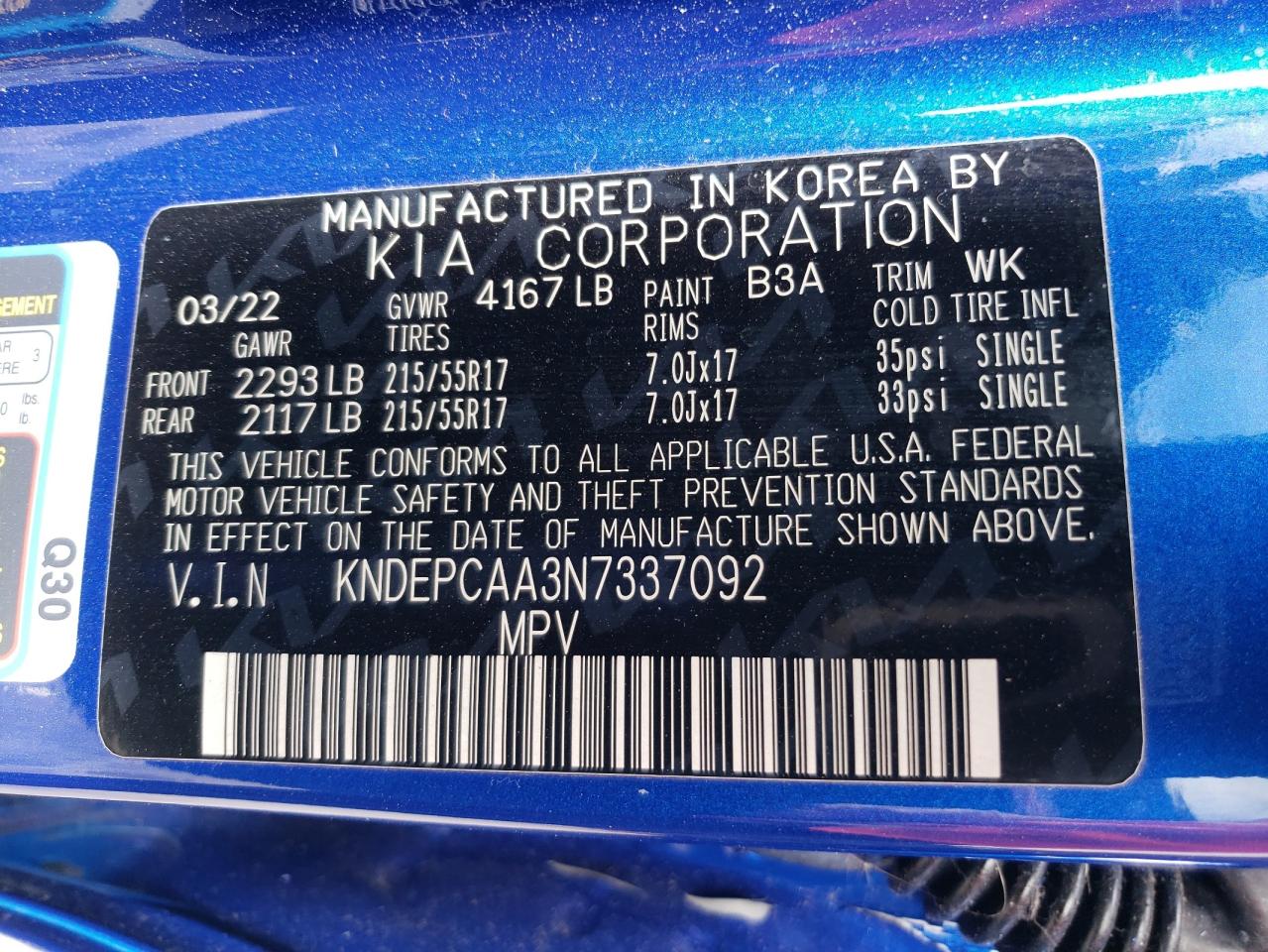 2022 KIA SELTOS LX VIN:KNDEPCAA3N7337092
