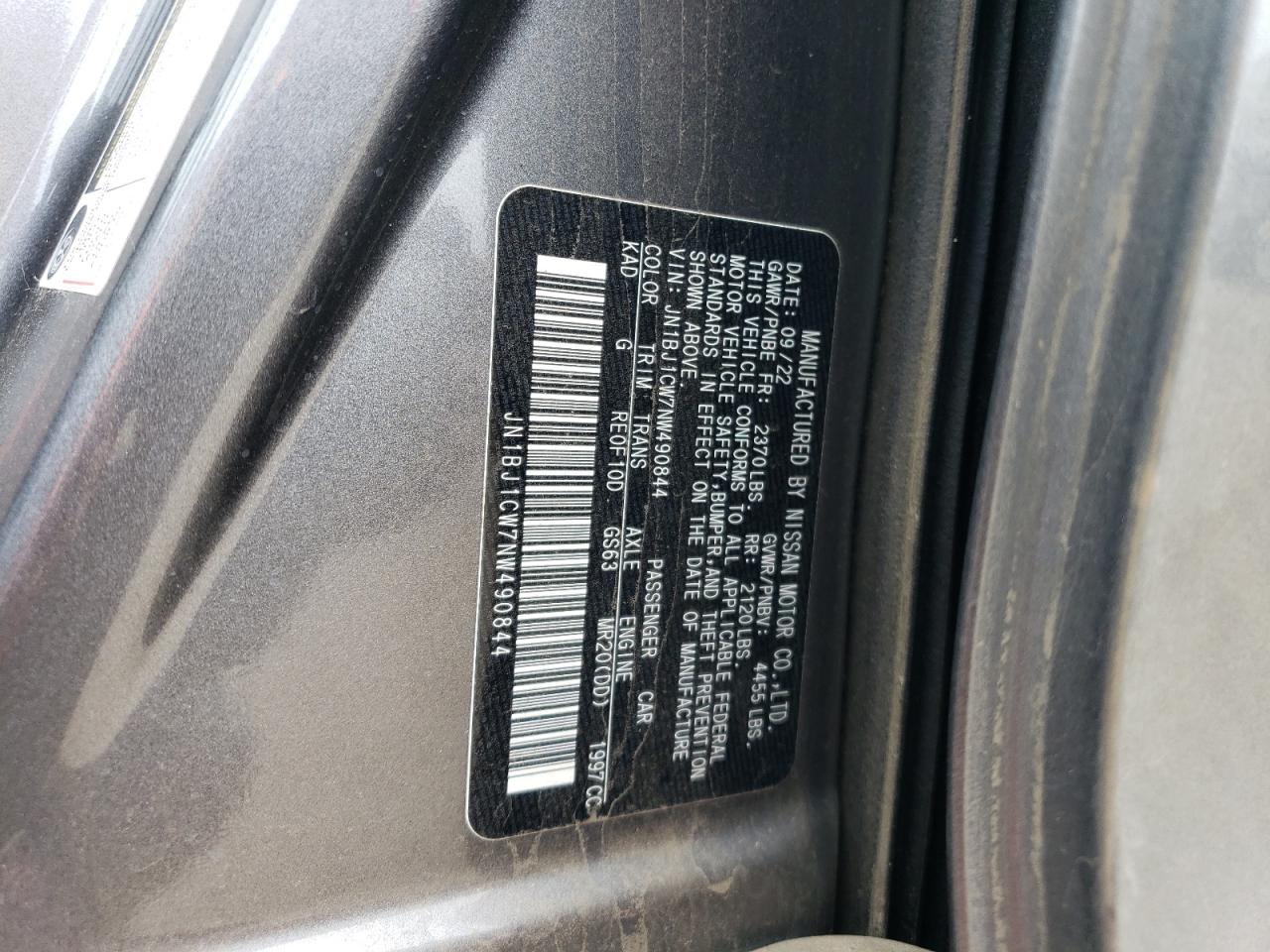 2022 NISSAN ROGUE SPORT SL VIN:JN1BJ1CW7NW490844