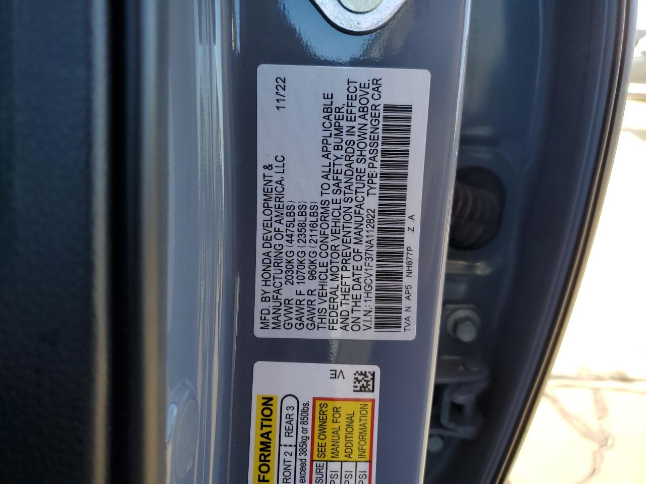 2022 HONDA ACCORD SPORT VIN:1HGCV1F37NA112822