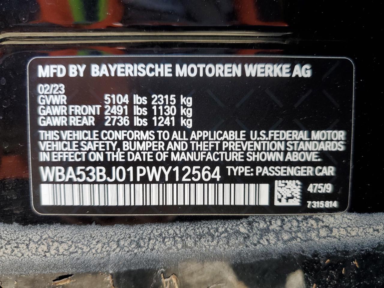 2023 BMW 540 I VIN:WBA53BJ01PWY12564