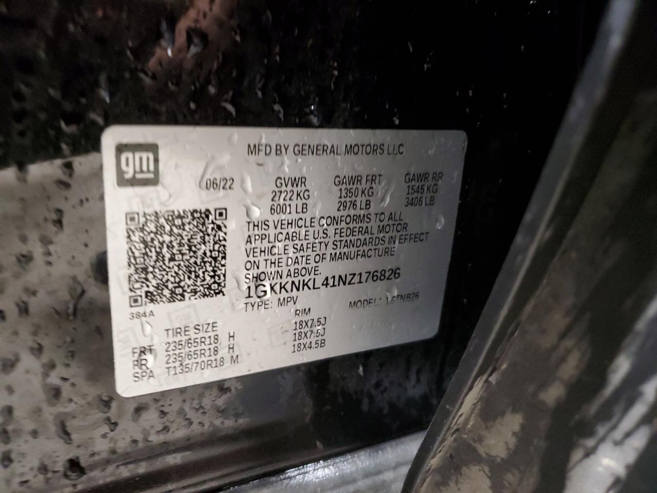 2022 GMC ACADIA SLE VIN:1GKKNKL41NZ176826