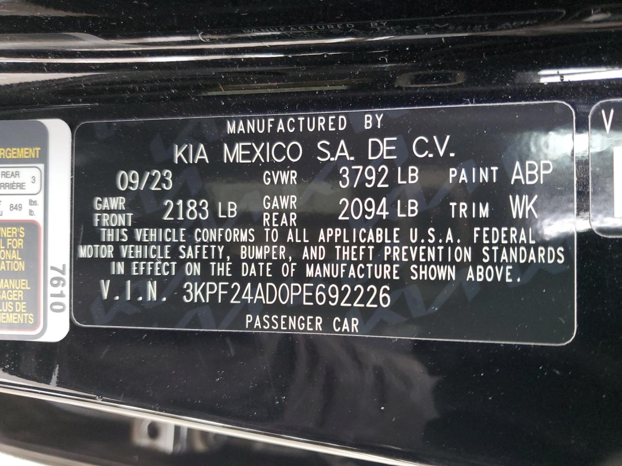 2023 KIA FORTE LX VIN:3KPF24AD0PE692226