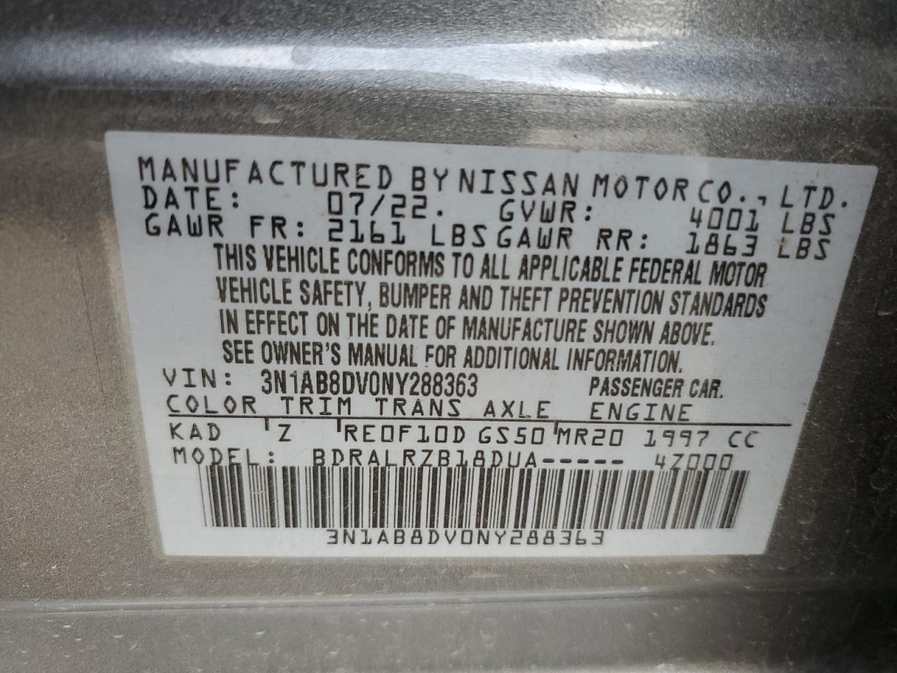 2022 NISSAN SENTRA SR VIN:3N1AB8DV0NY288363