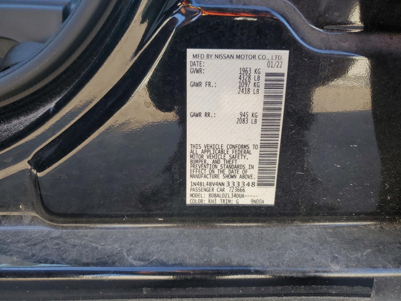 2022 NISSAN ALTIMA S VIN:1N4BL4BV4NN333348