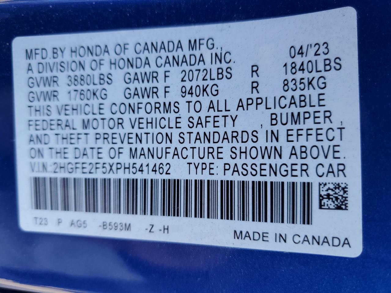 2023 HONDA CIVIC SPORT VIN:2HGFE2F5XPH541462