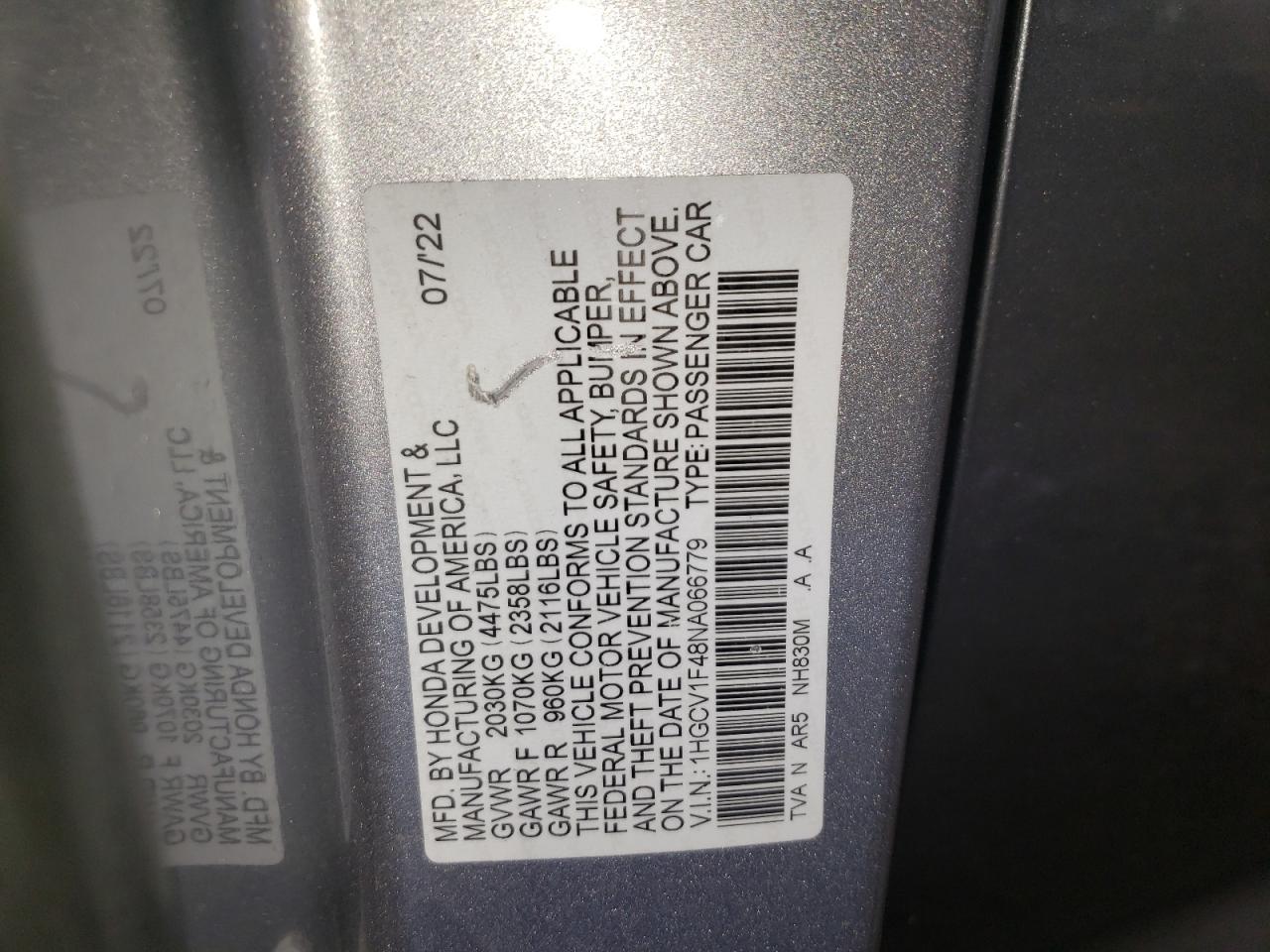 2022 HONDA ACCORD SPORT SE VIN:1HGCV1F48NA066779