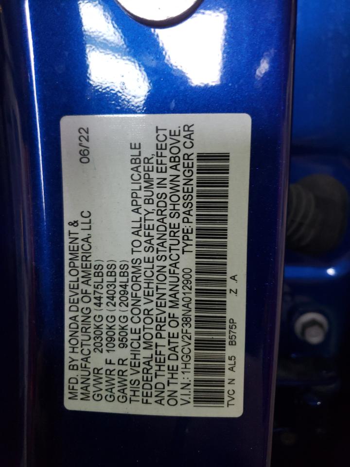 2022 HONDA ACCORD SPORT VIN:1HGCV2F38NA012900
