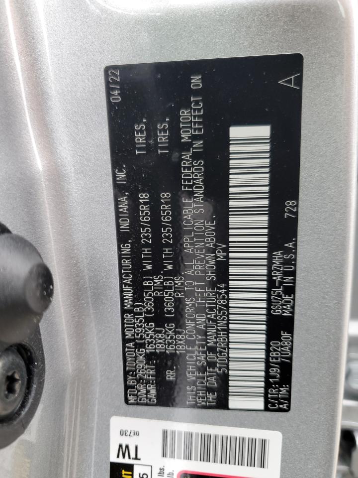 2022 TOYOTA HIGHLANDER XLE VIN:5TDGZRBH1NS578544