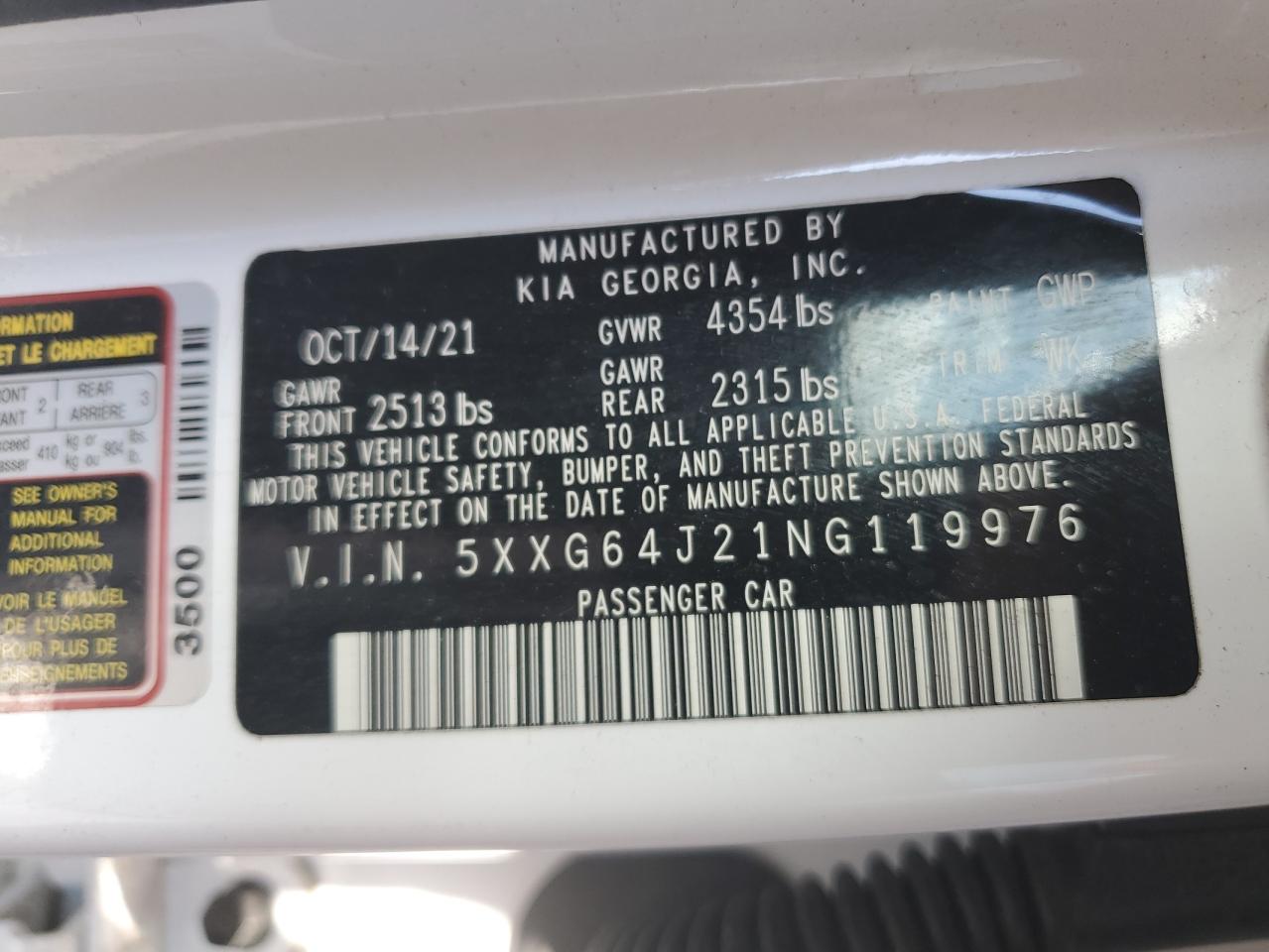 2022 KIA K5 GT LINE VIN:5XXG64J21NG119976