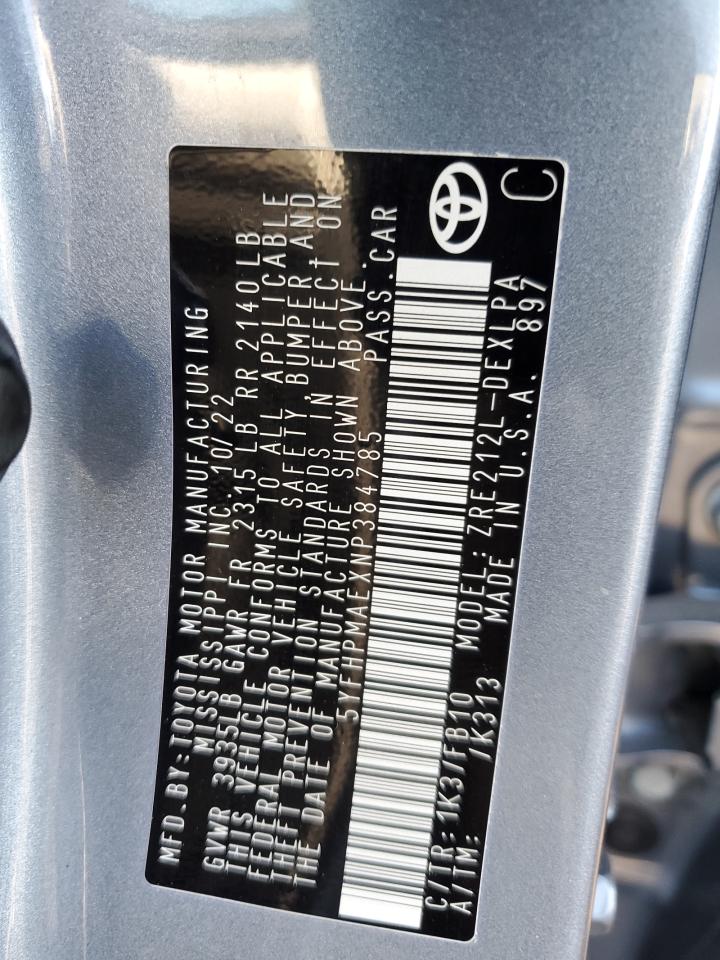 2022 TOYOTA COROLLA LE VIN:5YFHPMAEXNP384785