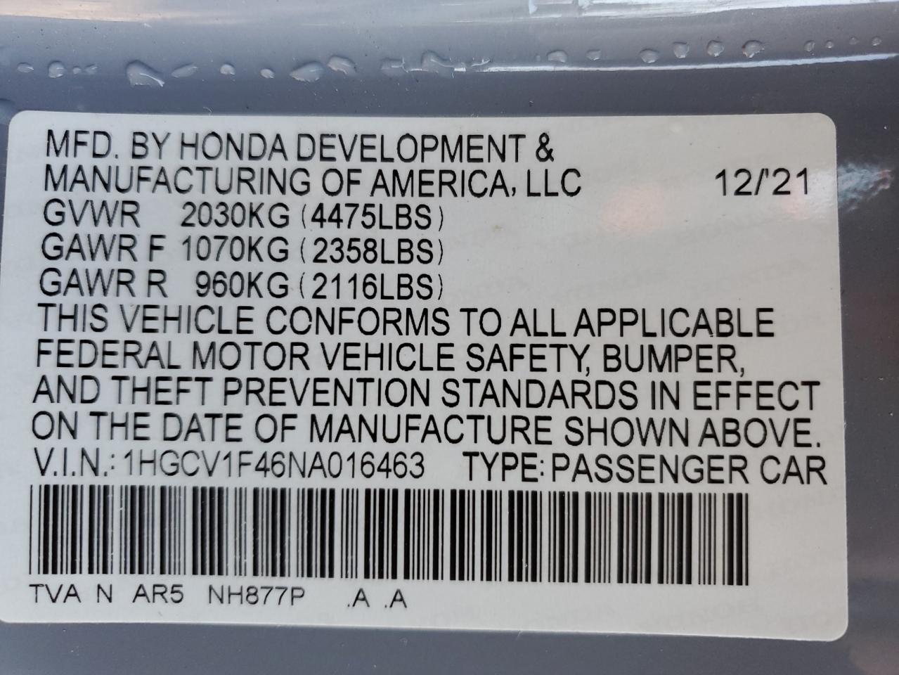 2022 HONDA ACCORD SPORT SE VIN:1HGCV1F46NA016463