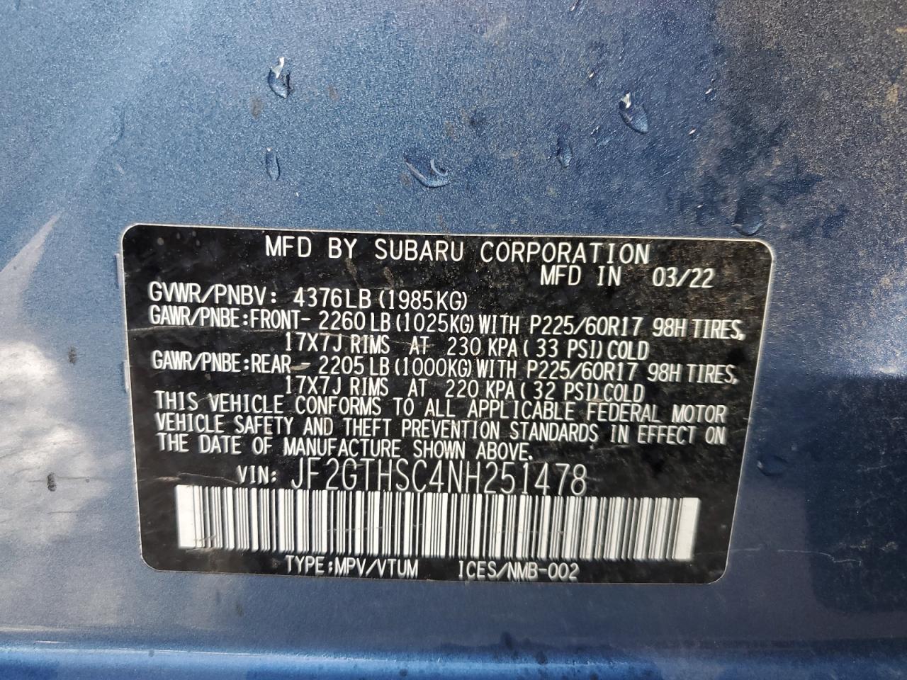 2022 SUBARU CROSSTREK SPORT VIN:JF2GTHSC4NH251478