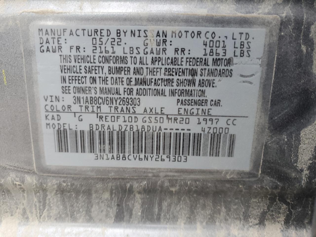 2022 NISSAN SENTRA SV VIN:3N1AB8CV6NY269303