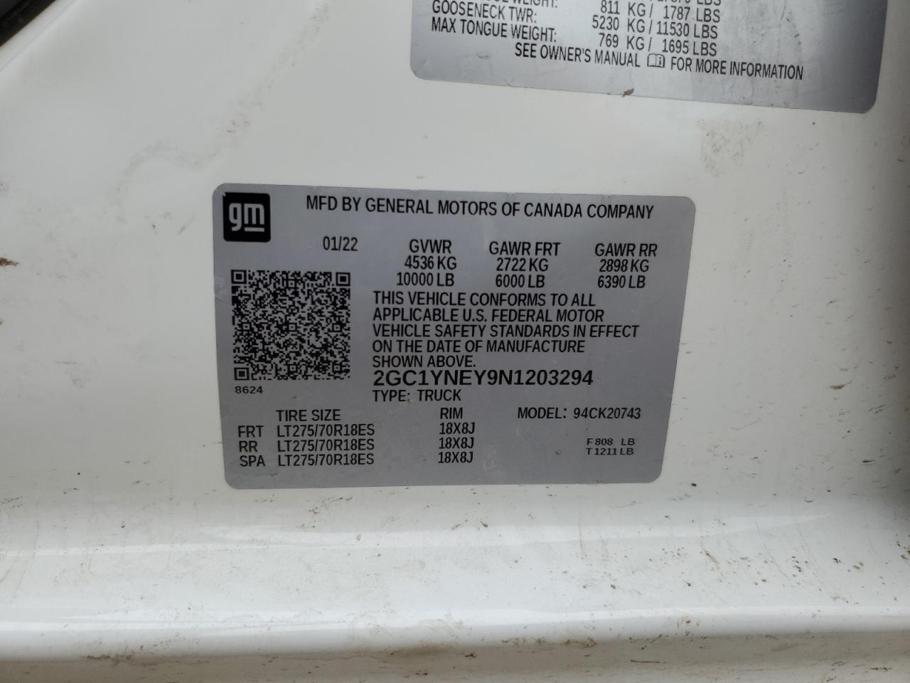 2022 CHEVROLET SILVERADO K2500 HEAVY DUTY LT VIN:2GC1YNEY9N1203294