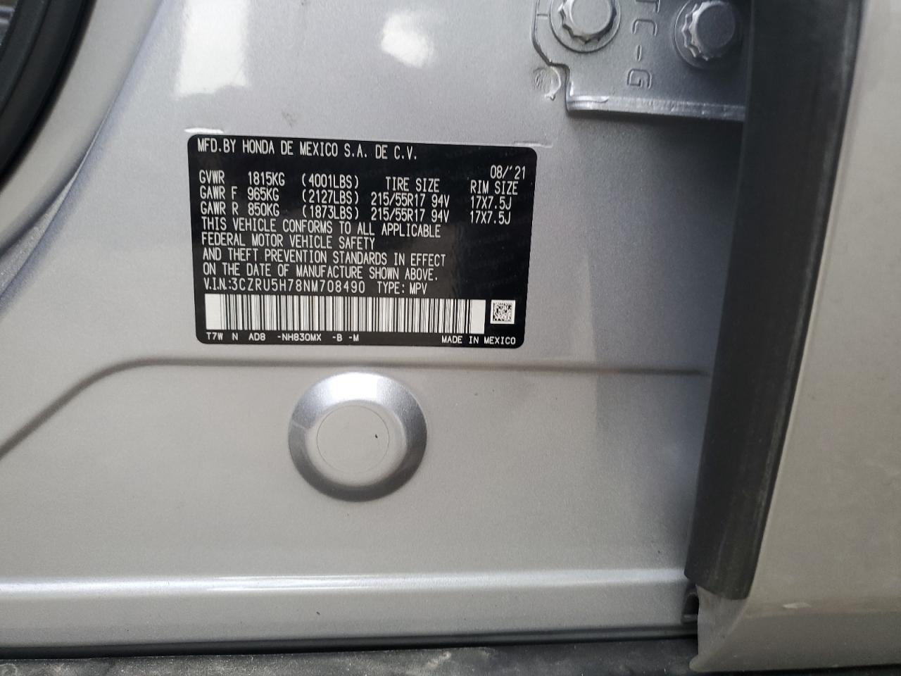 2022 HONDA HR-V EXL VIN:3CZRU5H78NM708490