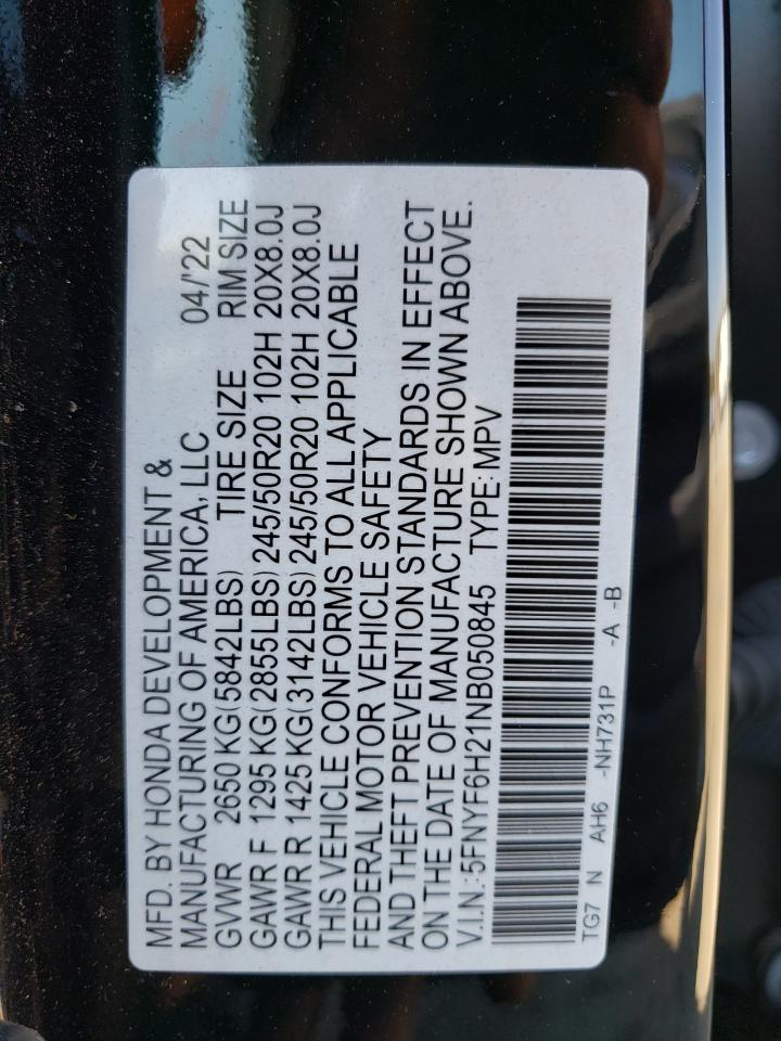 2022 HONDA PILOT SE VIN:5FNYF6H21NB050845