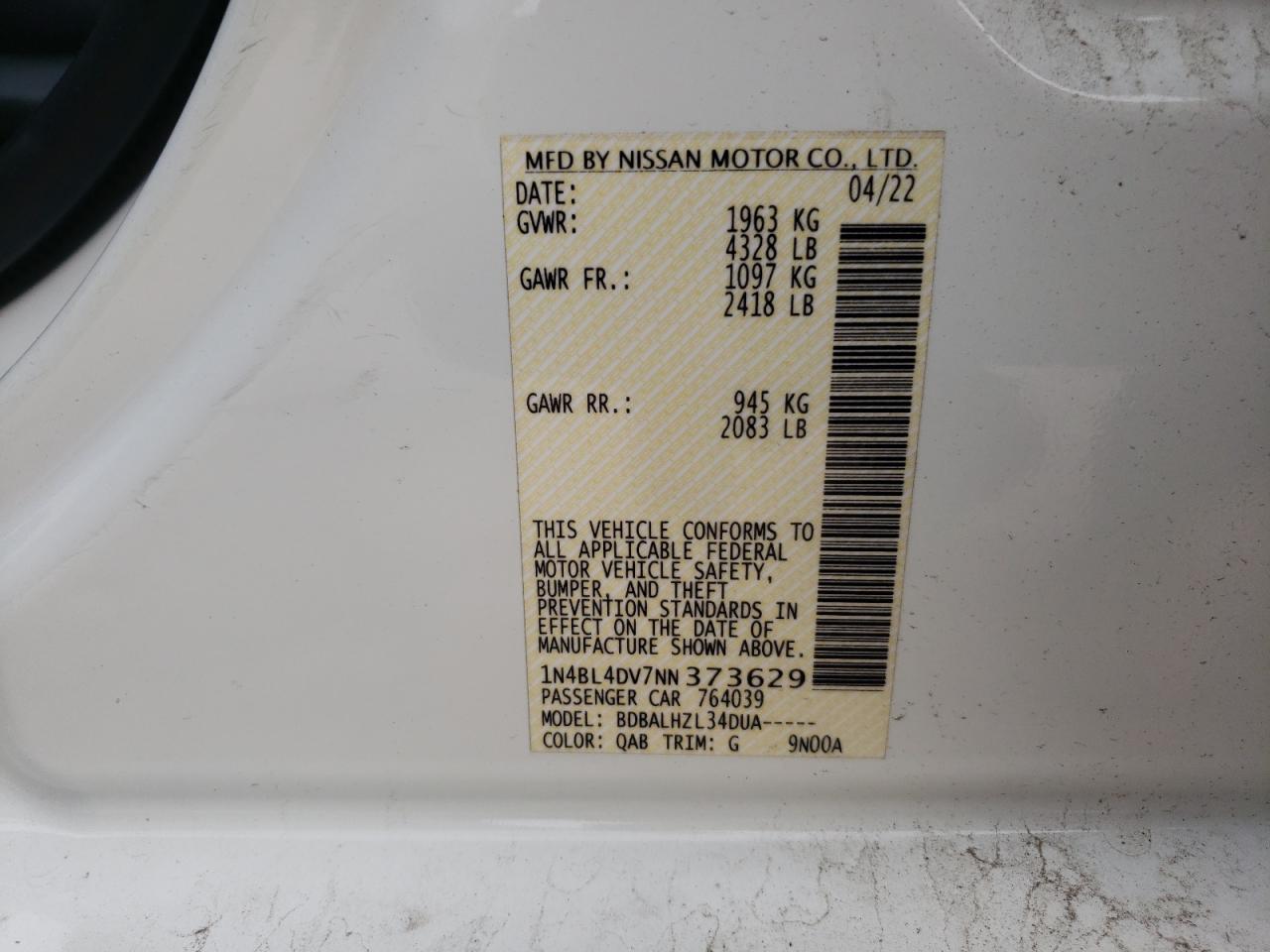 2022 NISSAN ALTIMA SV VIN:1N4BL4DV7NN373629