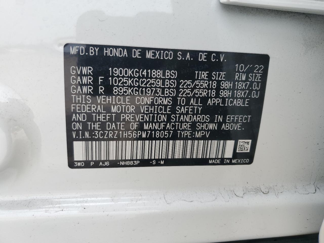 2023 HONDA HR-V SPORT VIN:3CZRZ1H56PM718057