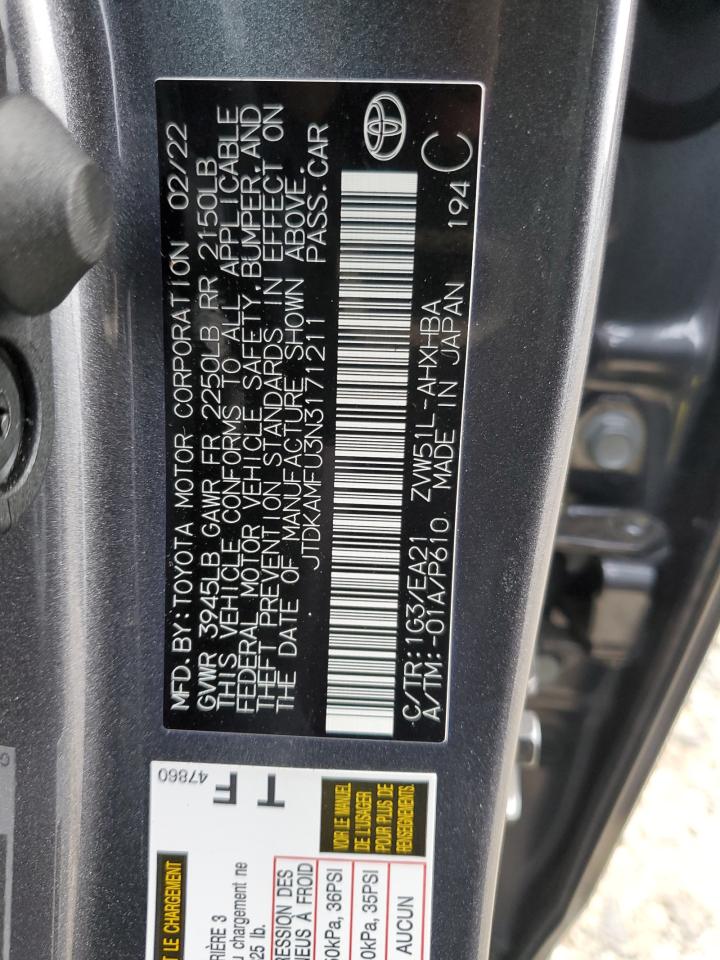 2022 TOYOTA PRIUS NIGHT SHADE VIN:JTDKAMFU3N3171211