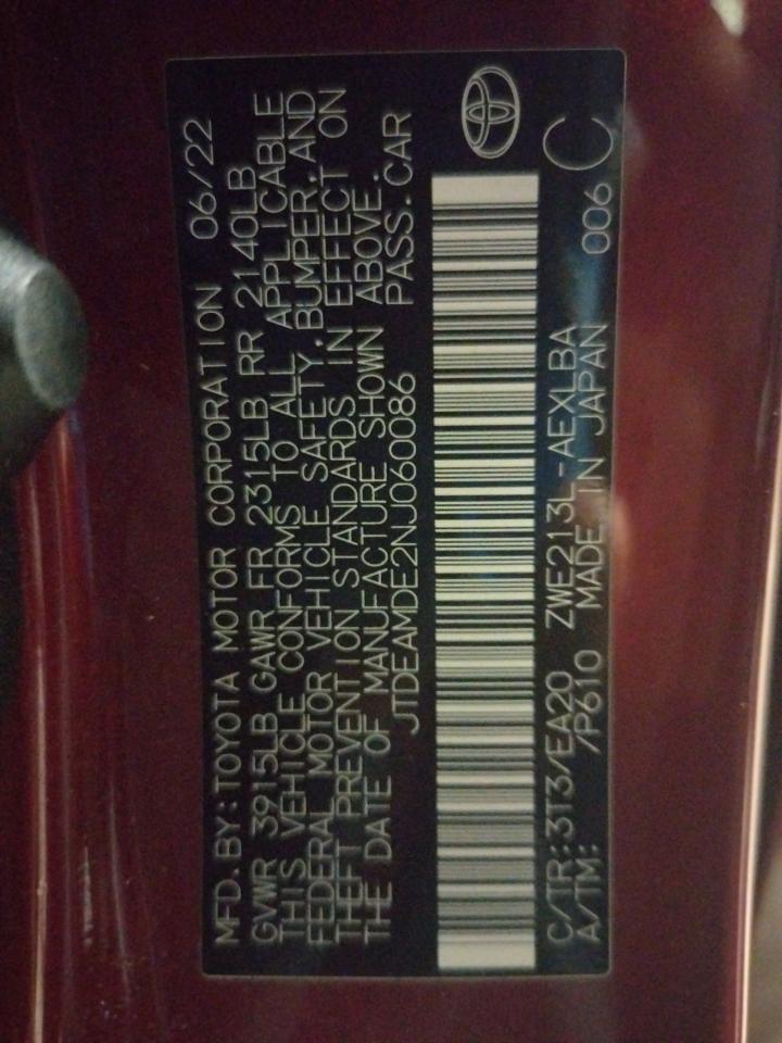 2022 TOYOTA COROLLA LE VIN:JTDEAMDE2NJ060086