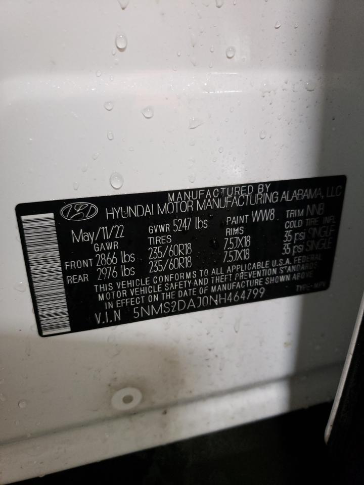 2022 HYUNDAI SANTA FE SEL VIN:5NMS2DAJ0NH464799