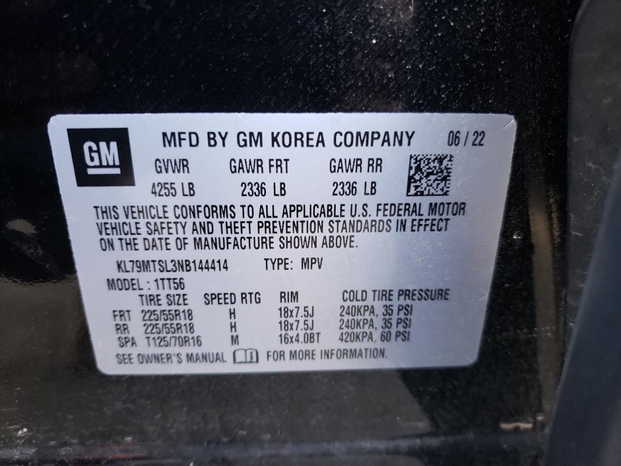 2022 CHEVROLET TRAILBLAZER RS VIN:KL79MTSL3NB144414