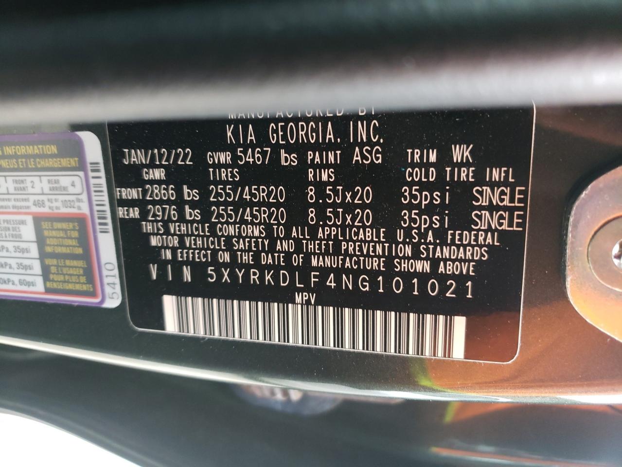 2022 KIA SORENTO SX VIN:5XYRKDLF4NG101021