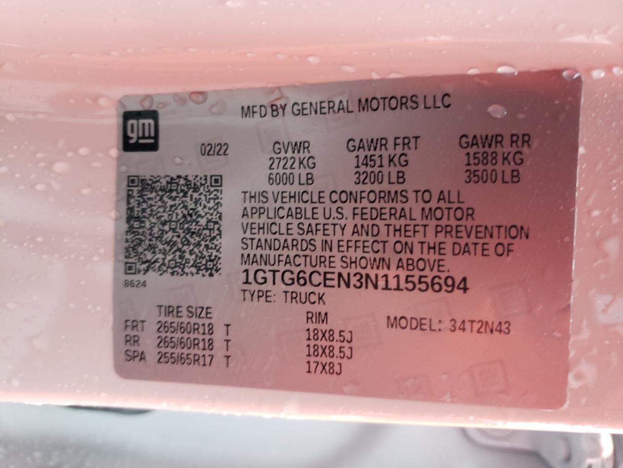2022 GMC CANYON ELEVATION VIN:1GTG6CEN3N1155694