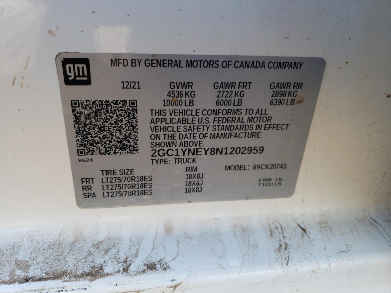 2022 CHEVROLET SILVERADO K2500 HEAVY DUTY LT VIN:2GC1YNEY8N1202959