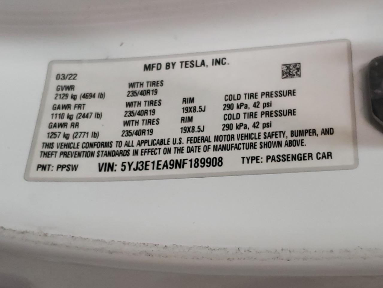 2022 TESLA MODEL 3  VIN:5YJ3E1EA9NF189908