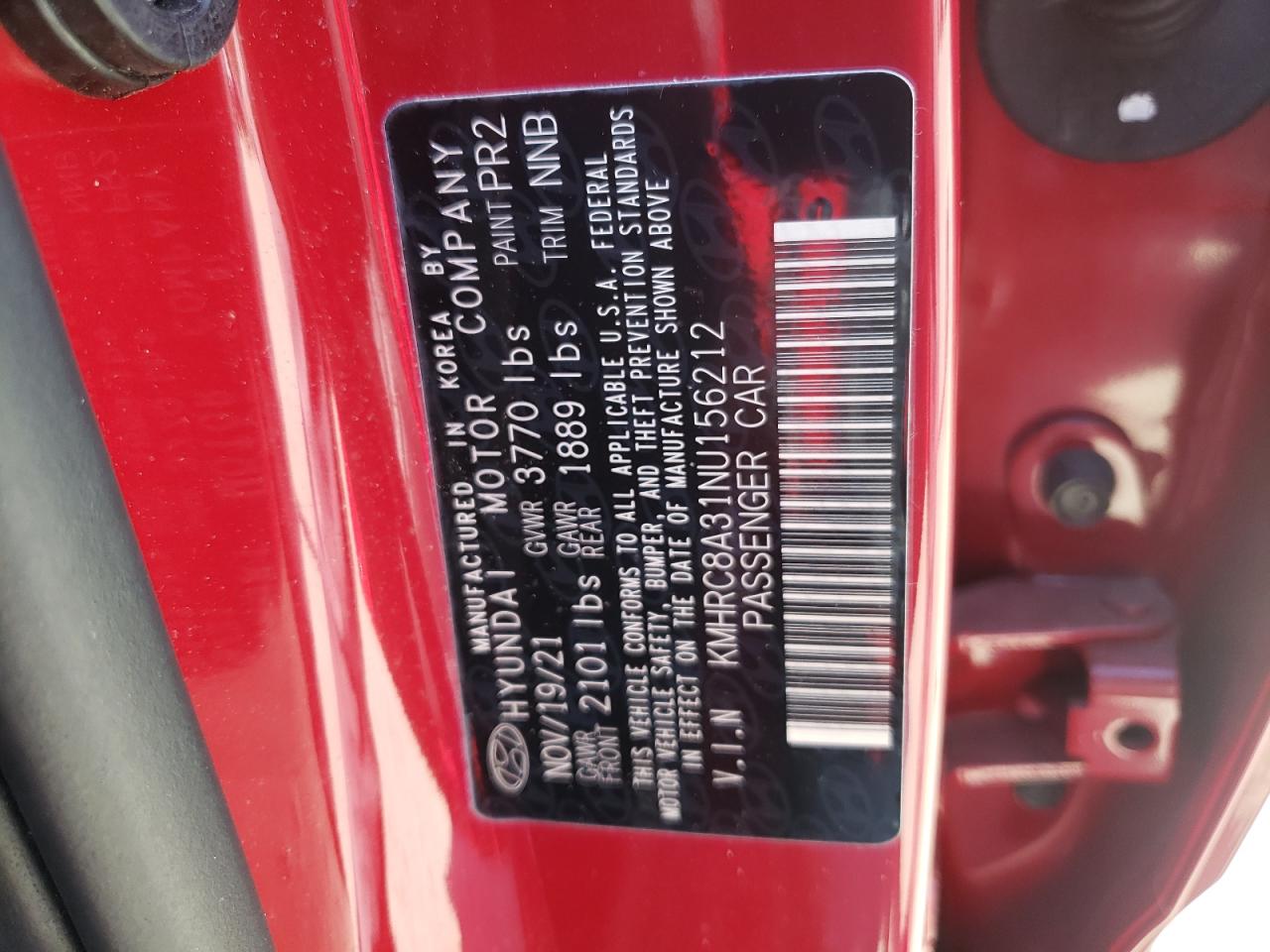 2022 HYUNDAI VENUE SEL VIN:KMHRC8A31NU156212