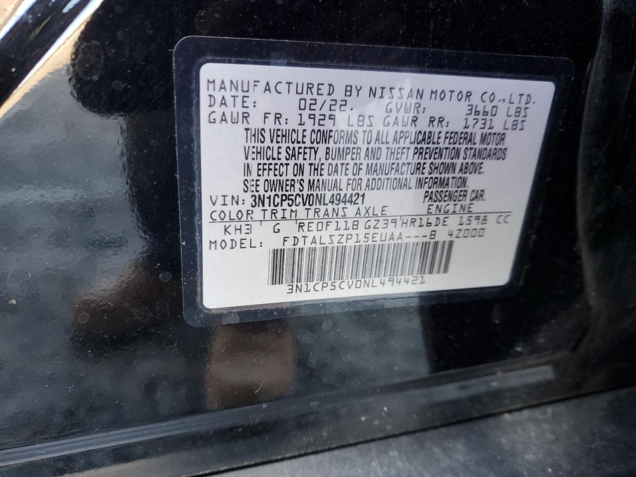 2022 NISSAN KICKS SV VIN:3N1CP5CV0NL494421