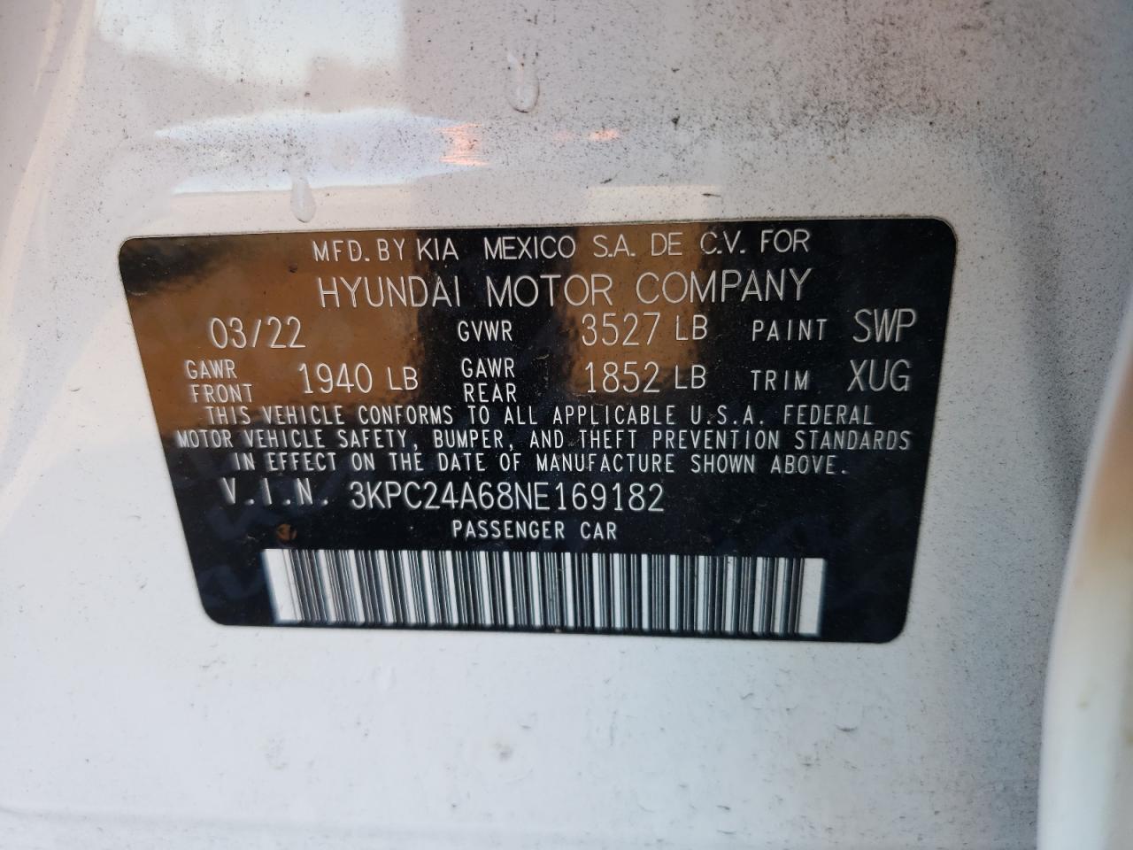 2022 HYUNDAI ACCENT SE VIN:3KPC24A68NE169182