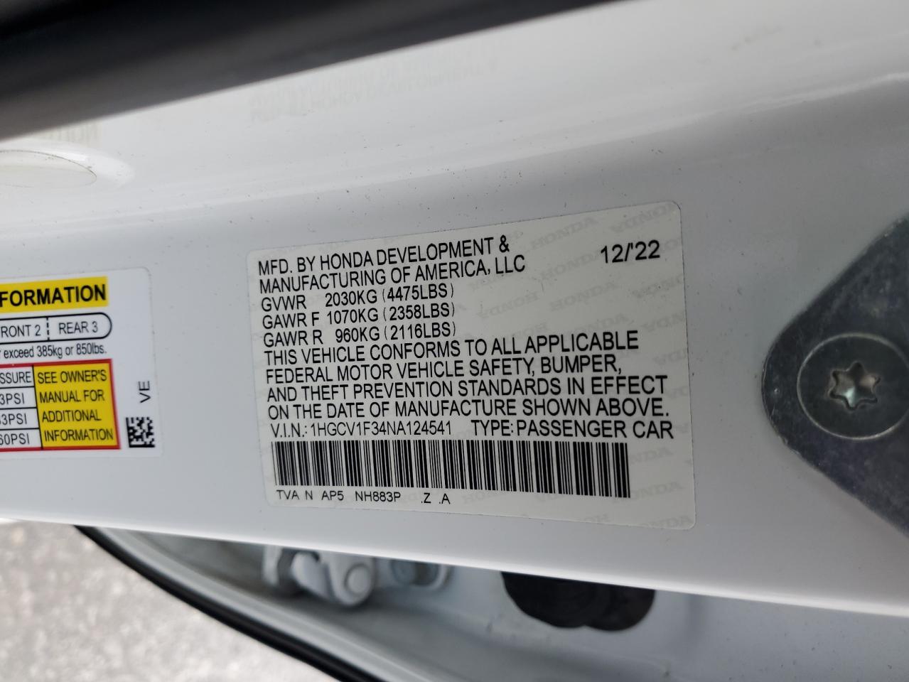 2022 HONDA ACCORD SPORT VIN:1HGCV1F34NA124541