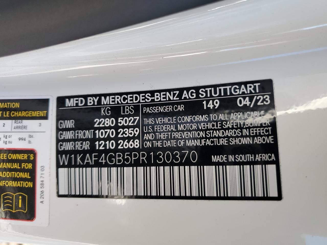 2023 MERCEDES-BENZ C 300 VIN:W1KAF4GB5PR130370