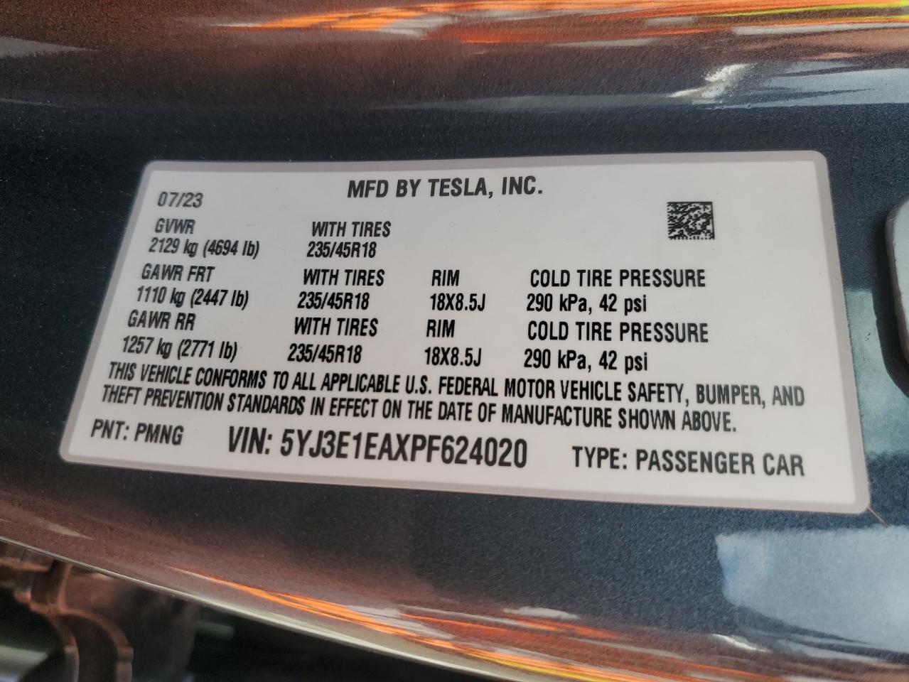 2023 TESLA MODEL 3  VIN:5YJ3E1EAXPF624020