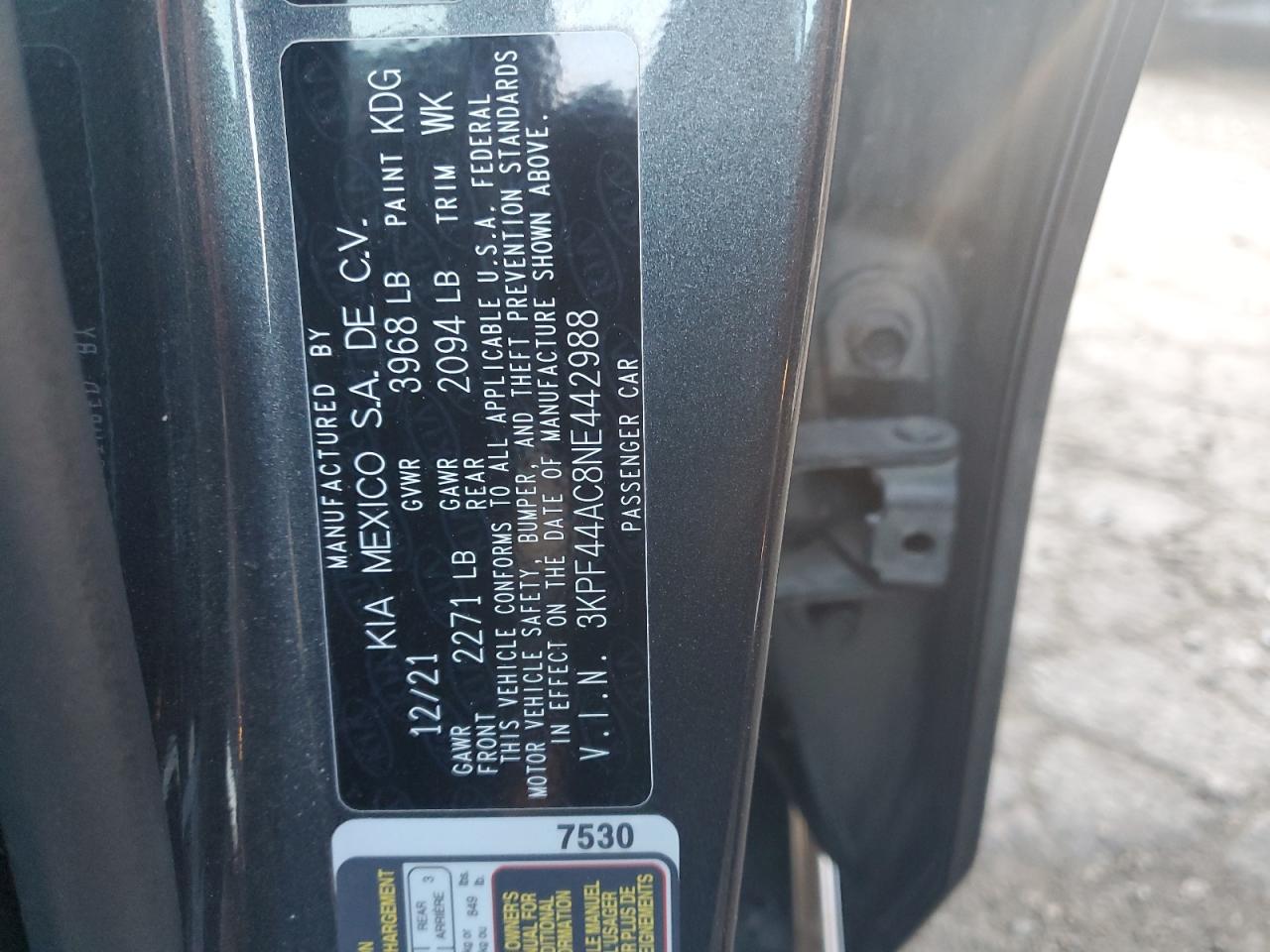 2022 KIA FORTE GT VIN:3KPF44AC8NE442988